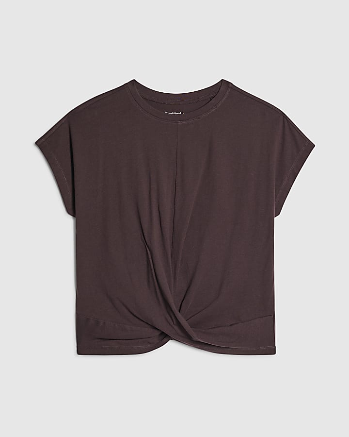Brown Short Sleeve Twist Front T-Shirt