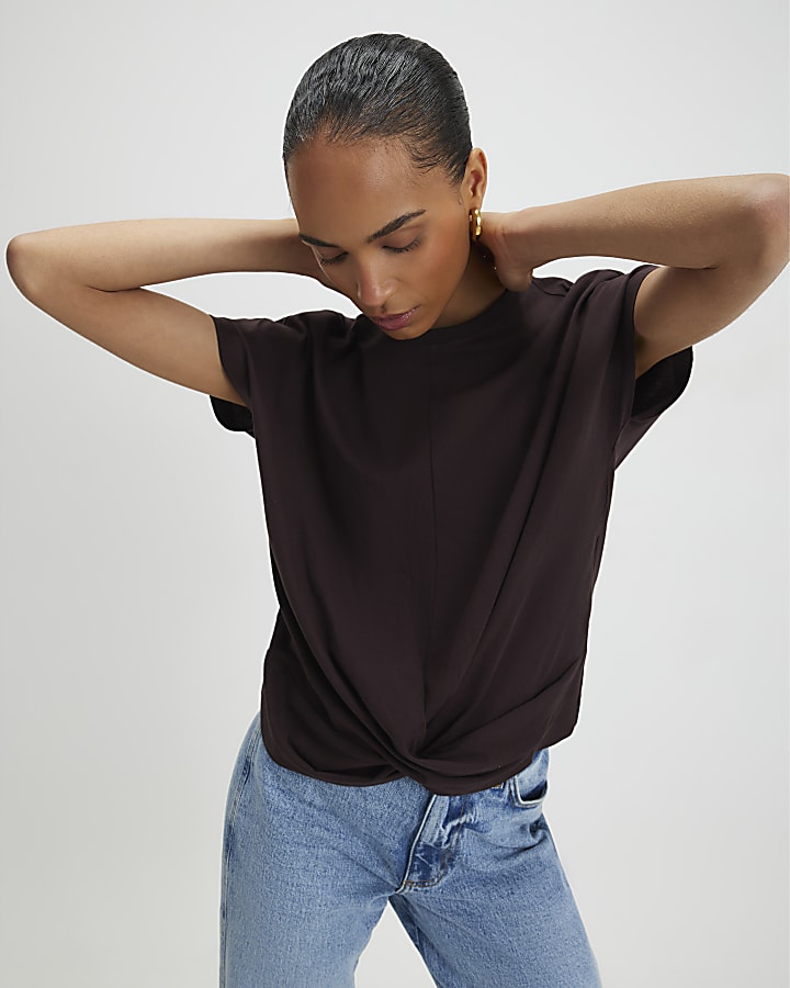 Brown Short Sleeve Twist Front T-Shirt