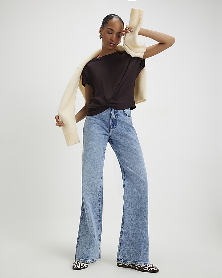 Brown Short Sleeve Twist Front T-Shirt