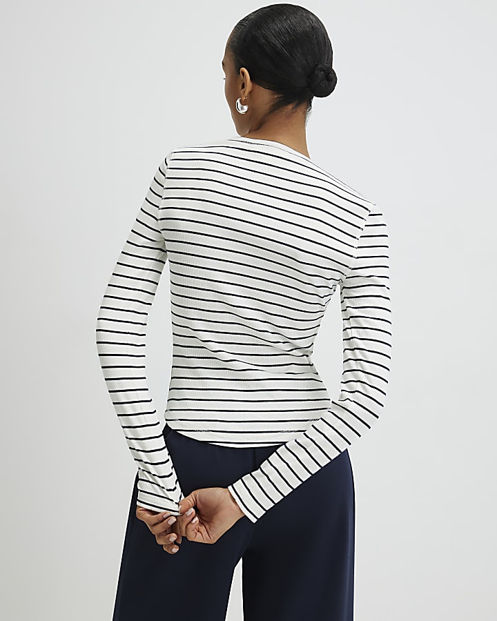 White Crew Neck Ribbed Stripe Top