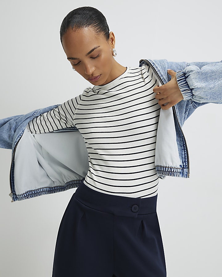White Crew Neck Ribbed Stripe Top