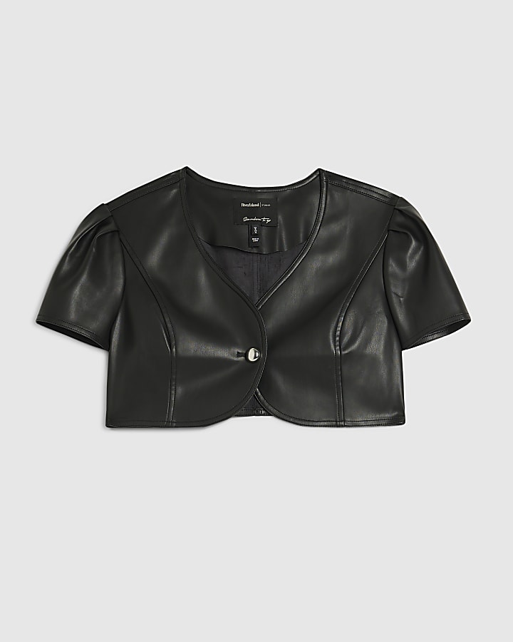 Black Single Button Faux Leather Crop Top