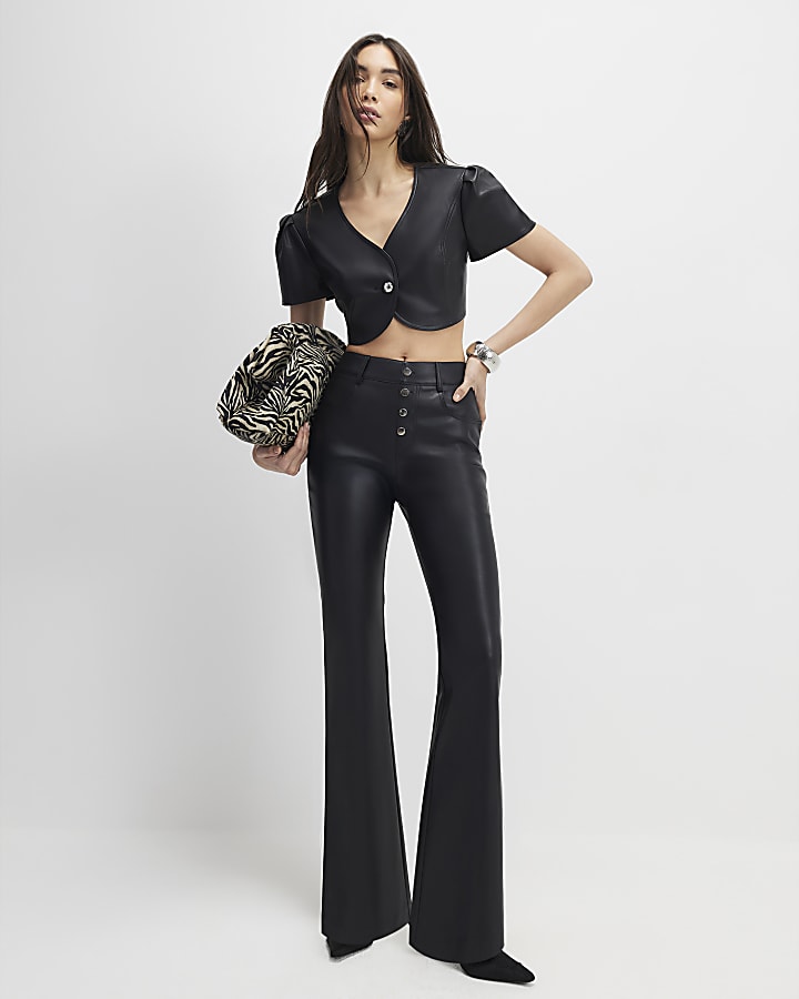 Black Single Button Faux Leather Crop Top