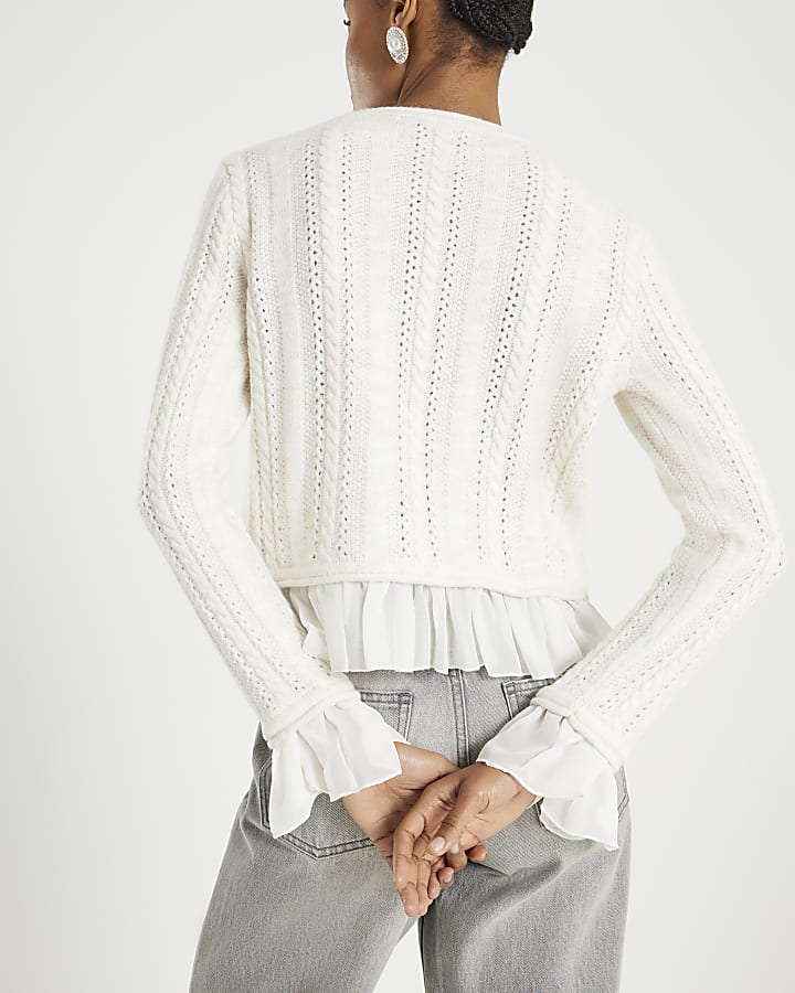 Cream Knitted Pointelle Frill Hem Top