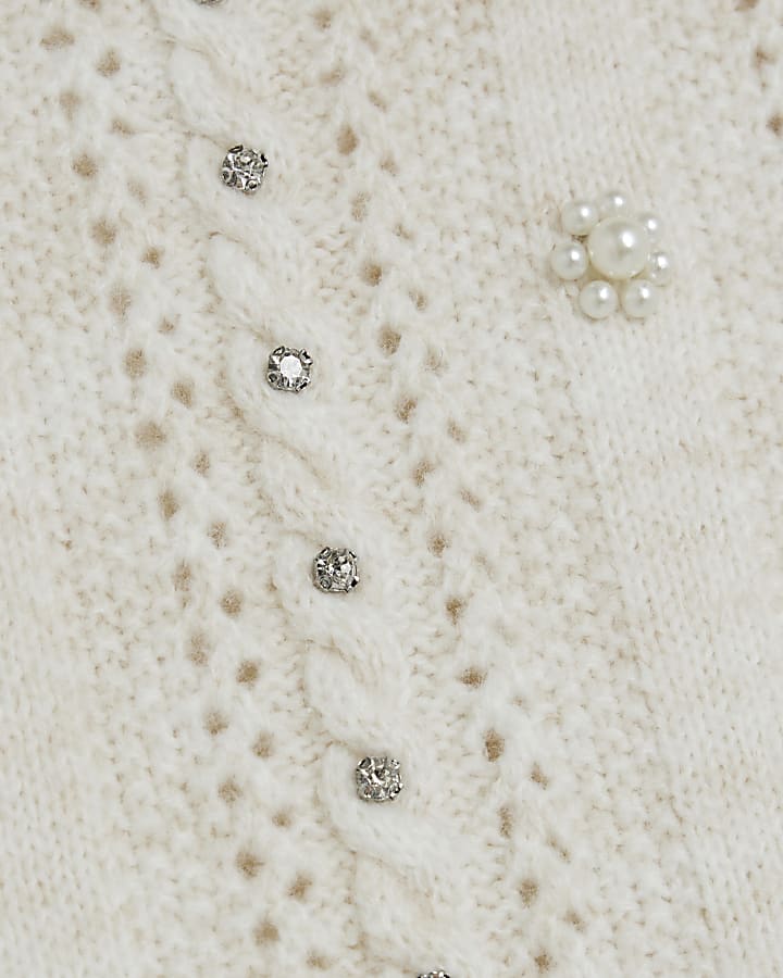 Cream Knitted Pointelle Frill Hem Top