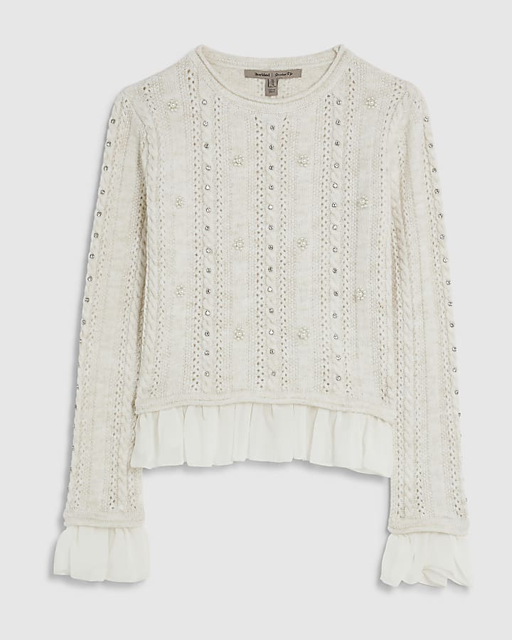 Cream Knitted Pointelle Frill Hem Top