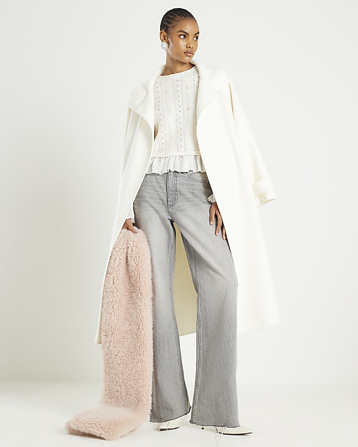 Cream Knitted Pointelle Frill Hem Top