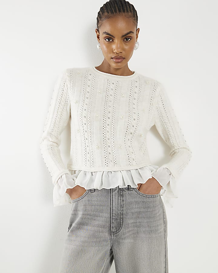 Cream Knitted Pointelle Frill Hem Top