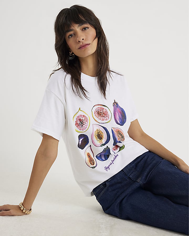 White Short Sleeve Fig Print T-shirt