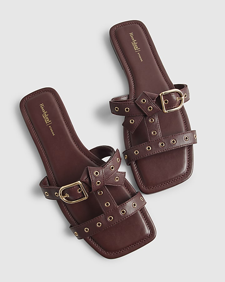 Red Leather T Bar Buckle Sandals