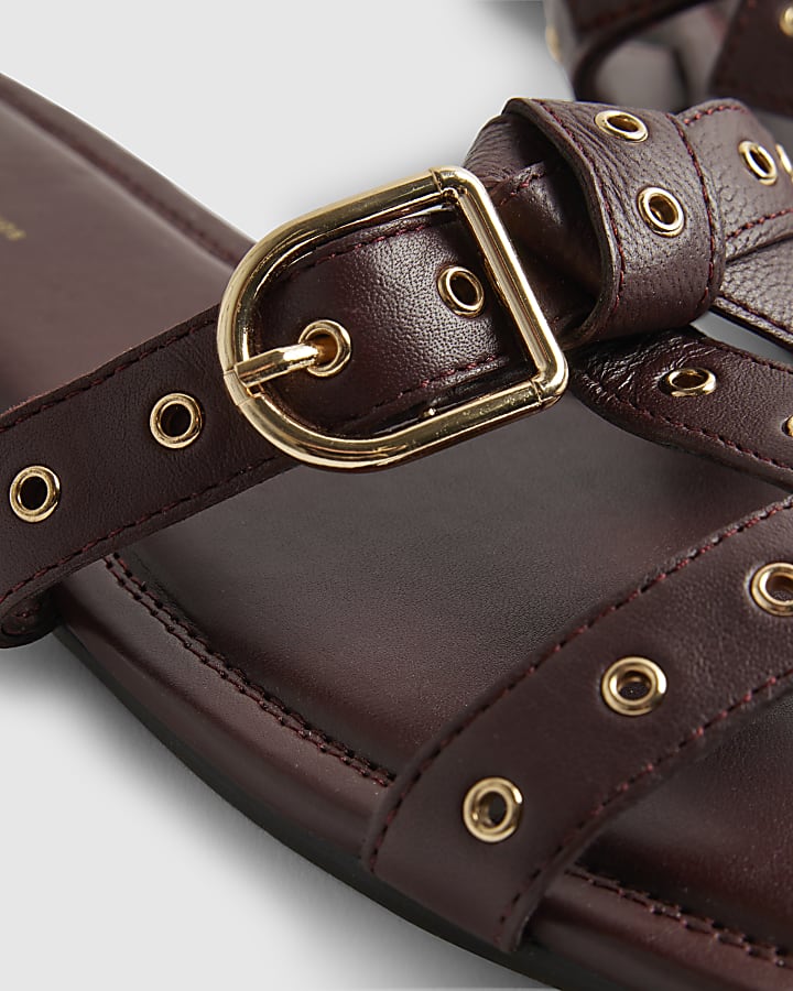 Red Leather T Bar Buckle Sandals