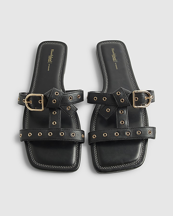 Black Leather T Bar Buckle Sandals