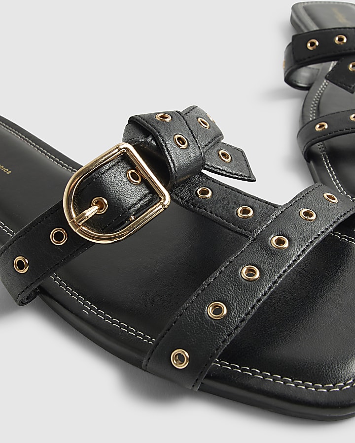 Black Leather T Bar Buckle Sandals