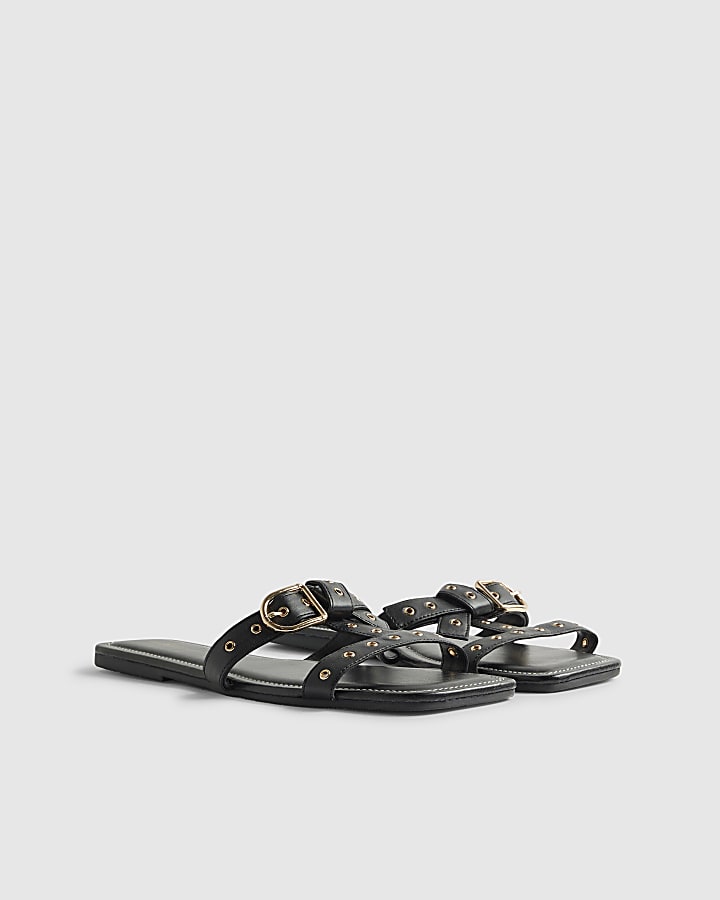 Black Leather T Bar Buckle Sandals