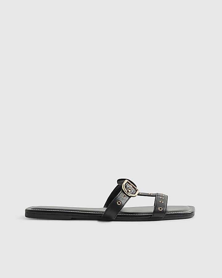 Black Leather T Bar Buckle Sandals