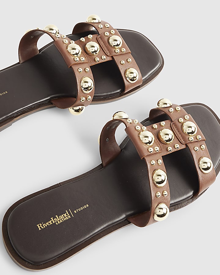 Brown Leather Studded Flat Sandals