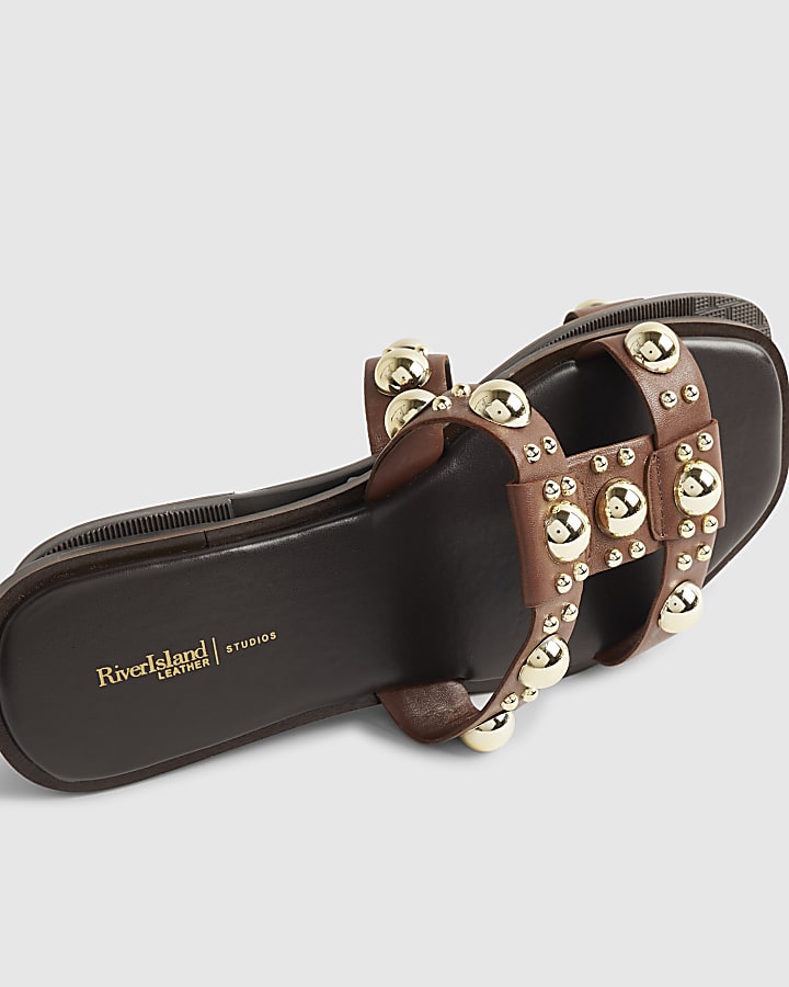 Brown Leather Studded Flat Sandals