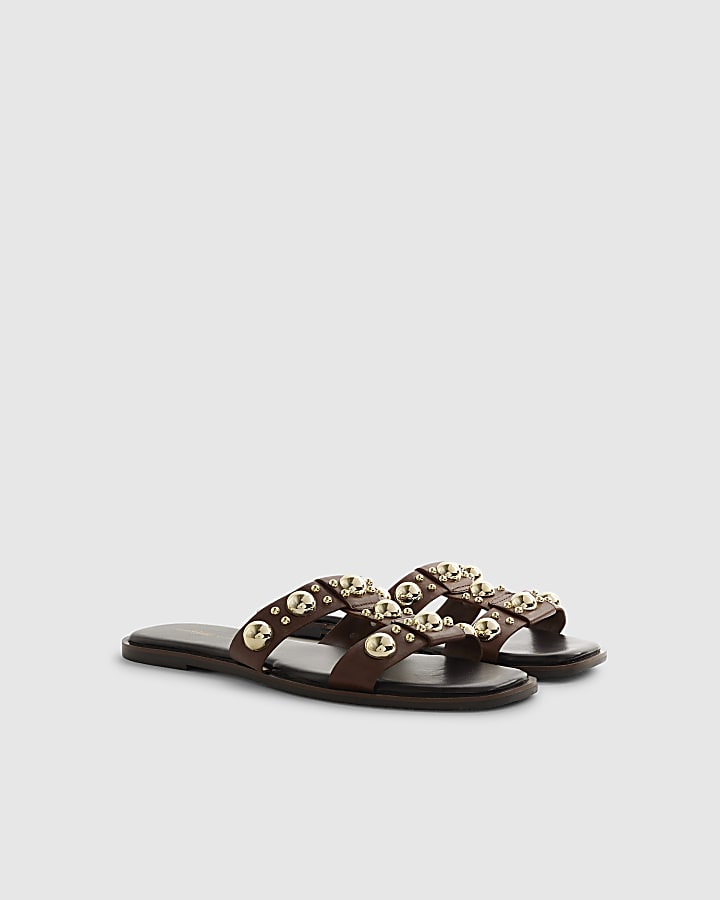 Brown Leather Studded Flat Sandals