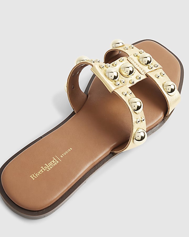 Gold Leather Studded Flat Sandals