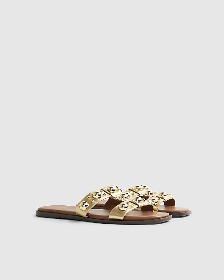 Gold Leather Studded Flat Sandals