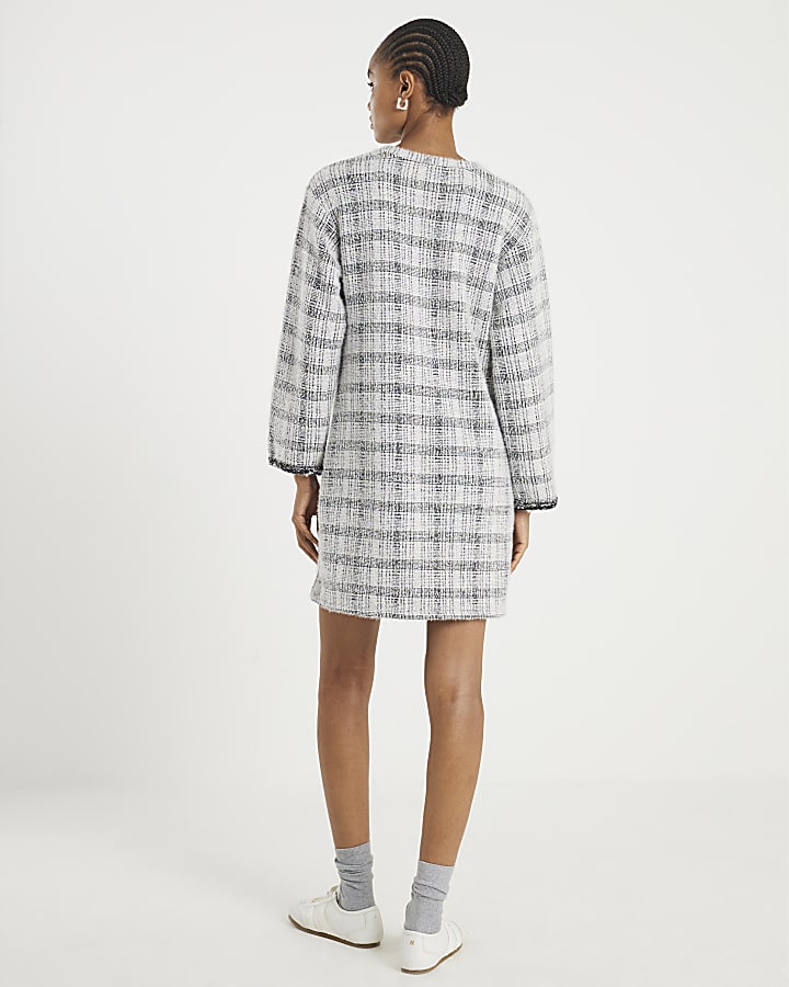 Grey Long Sleeve Boucle Check Mini Dress