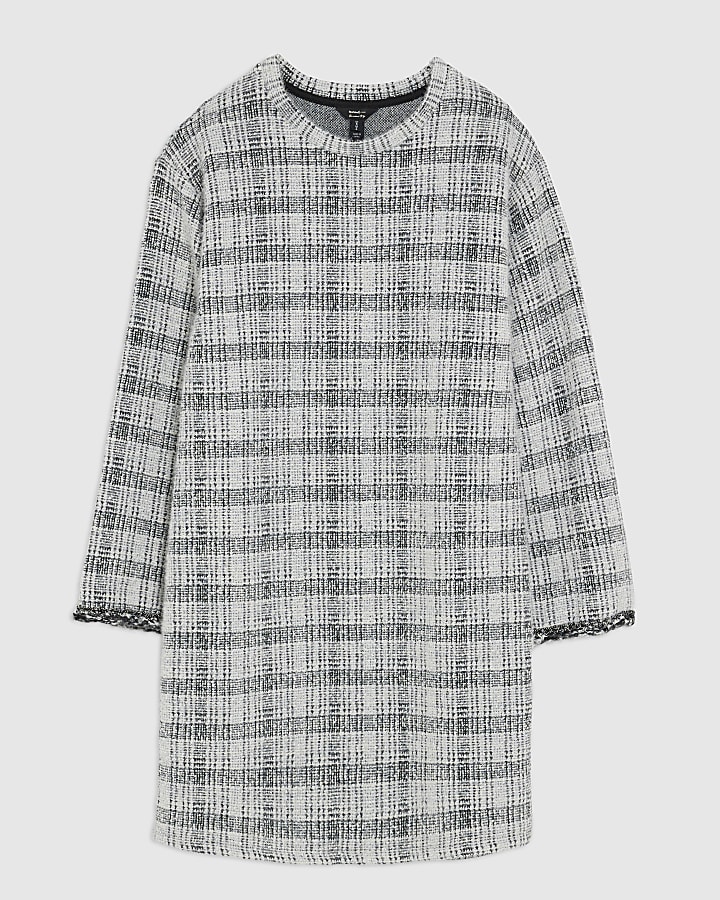 Grey Long Sleeve Boucle Check Mini Dress