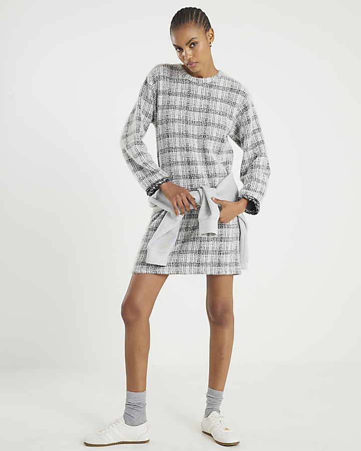Grey Long Sleeve Boucle Check Mini Dress