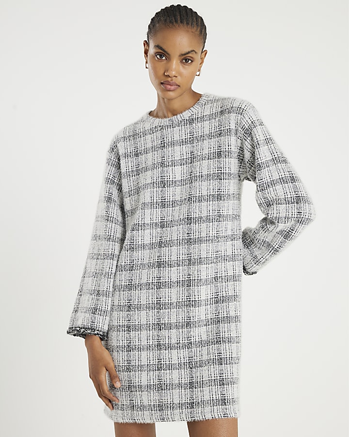 Grey Long Sleeve Boucle Check Mini Dress