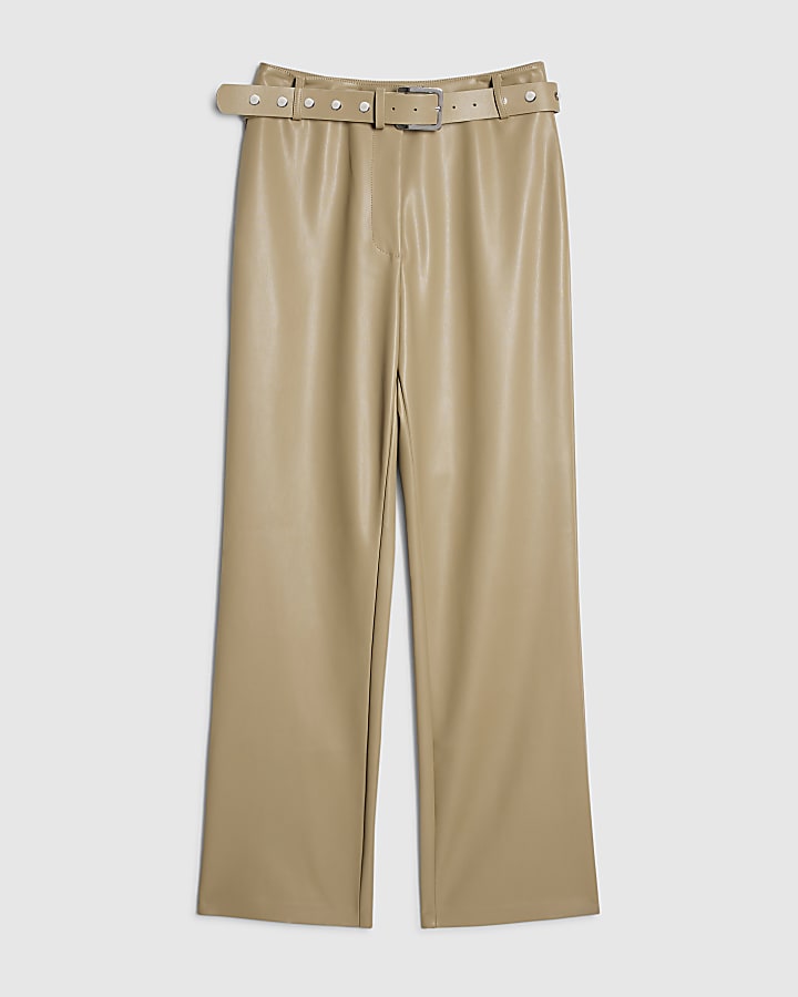 Beige Belted Straight Leg Trousers