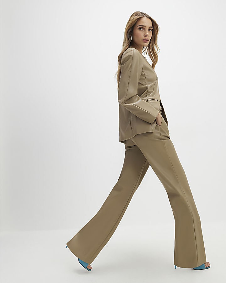 Beige Belted Straight Leg Trousers