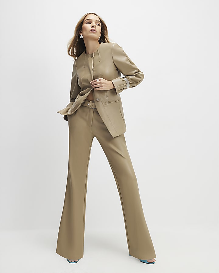 Beige Belted Straight Leg Trousers