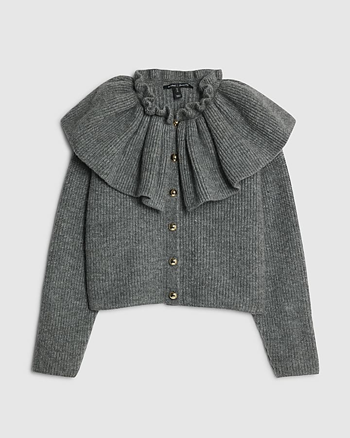 Grey Knitted Ruffle Collar Cardigan