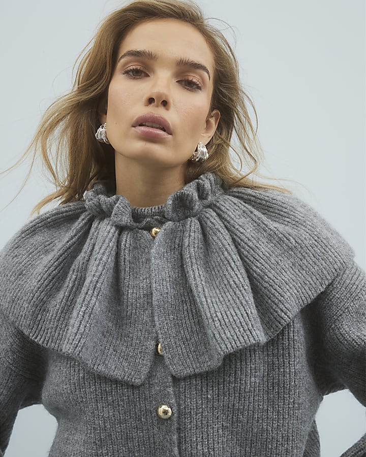 Grey Knitted Ruffle Collar Cardigan