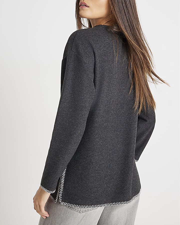 Grey Long Sleeve Cosy Whipstitch Tunic Top