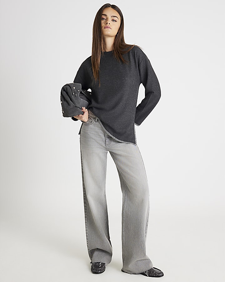 Grey Long Sleeve Cosy Whipstitch Tunic Top
