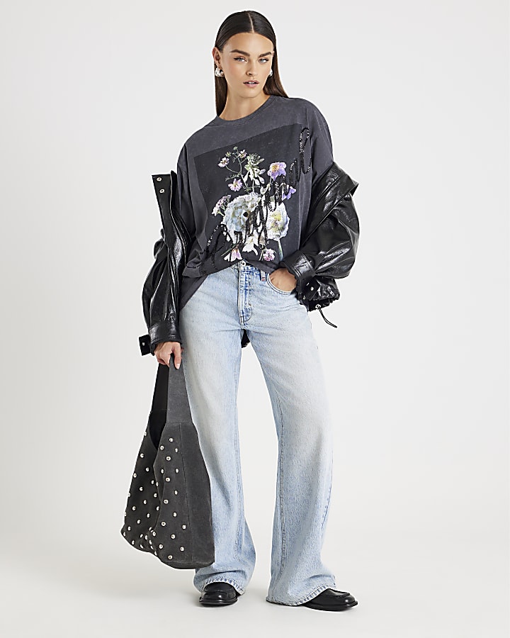 Grey Short Sleeve Sequin Floral T-shirt