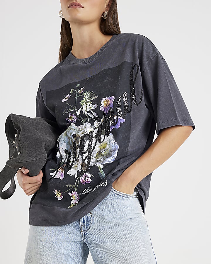 Grey Short Sleeve Sequin Floral T-shirt