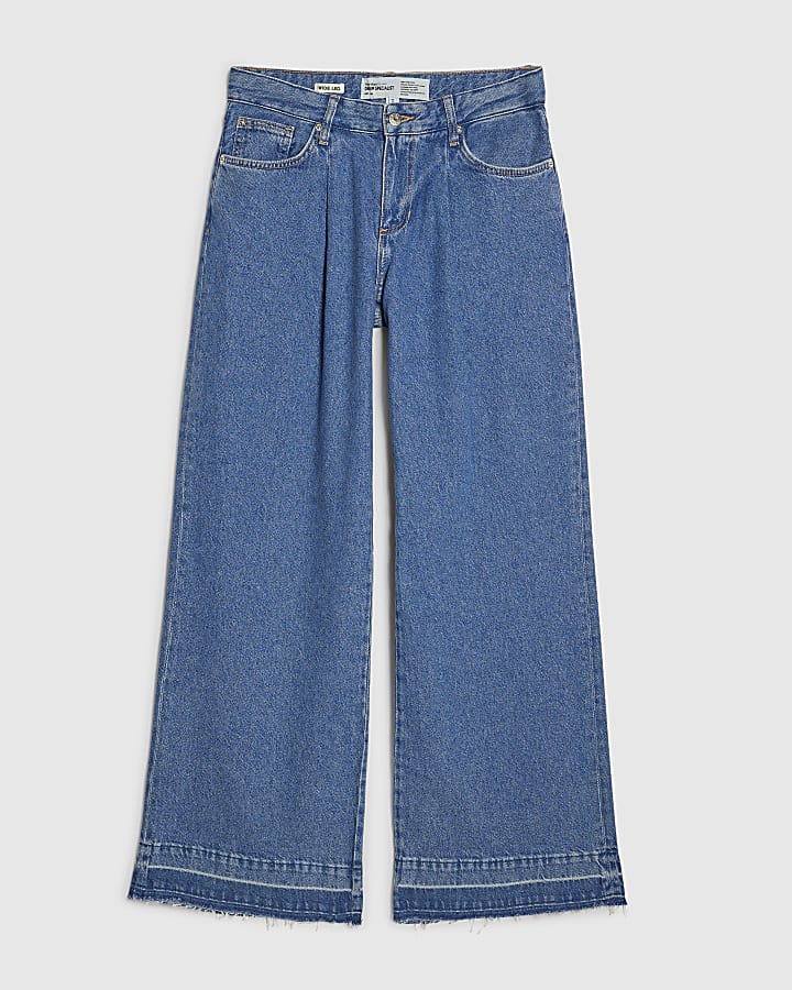Blue Pleat Front Wide Leg Jeans