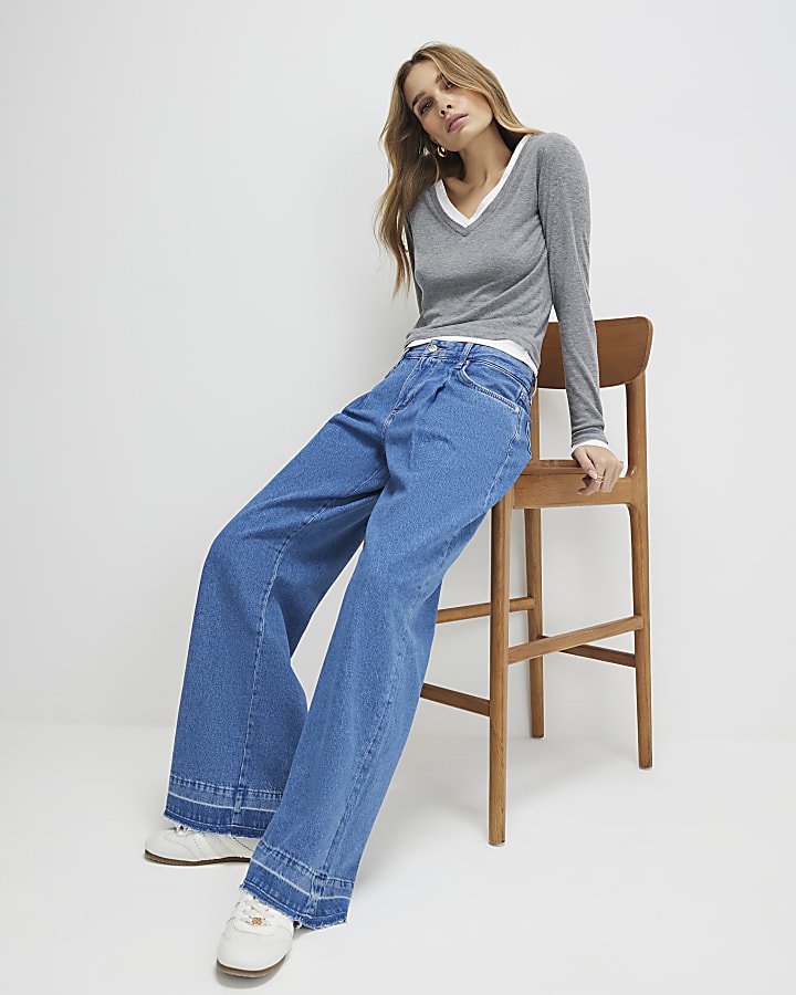 Blue Pleat Front Wide Leg Jeans