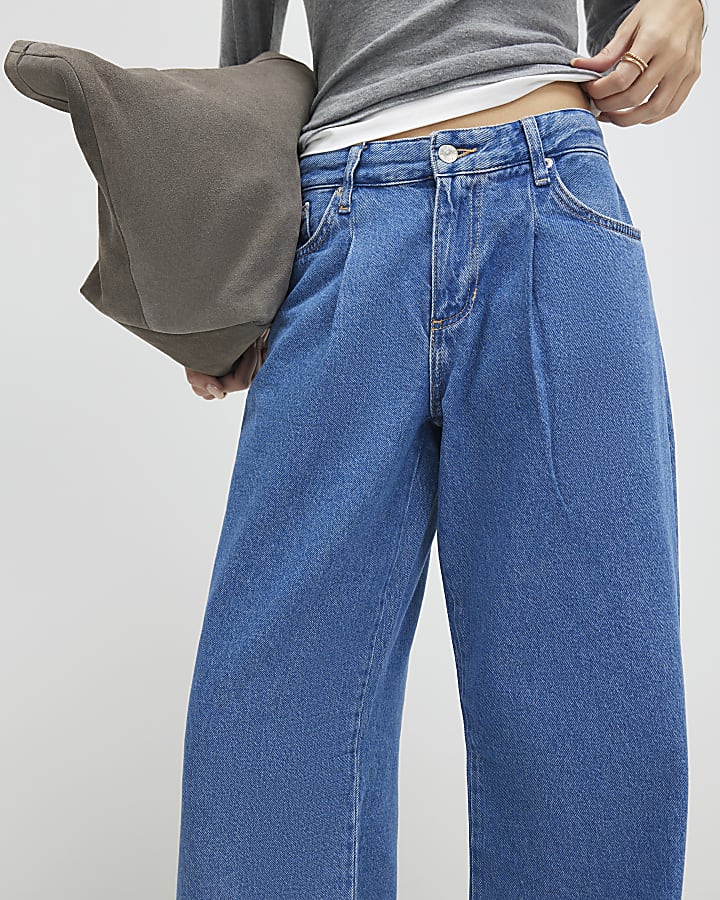 Blue Pleat Front Wide Leg Jeans