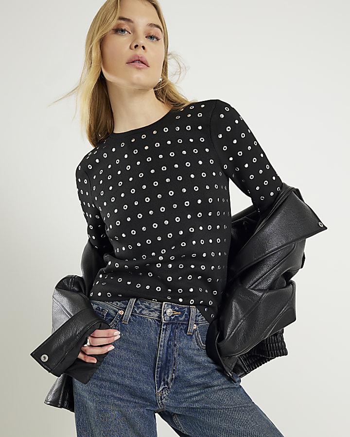 Black Knit Long Sleeve Studded Top