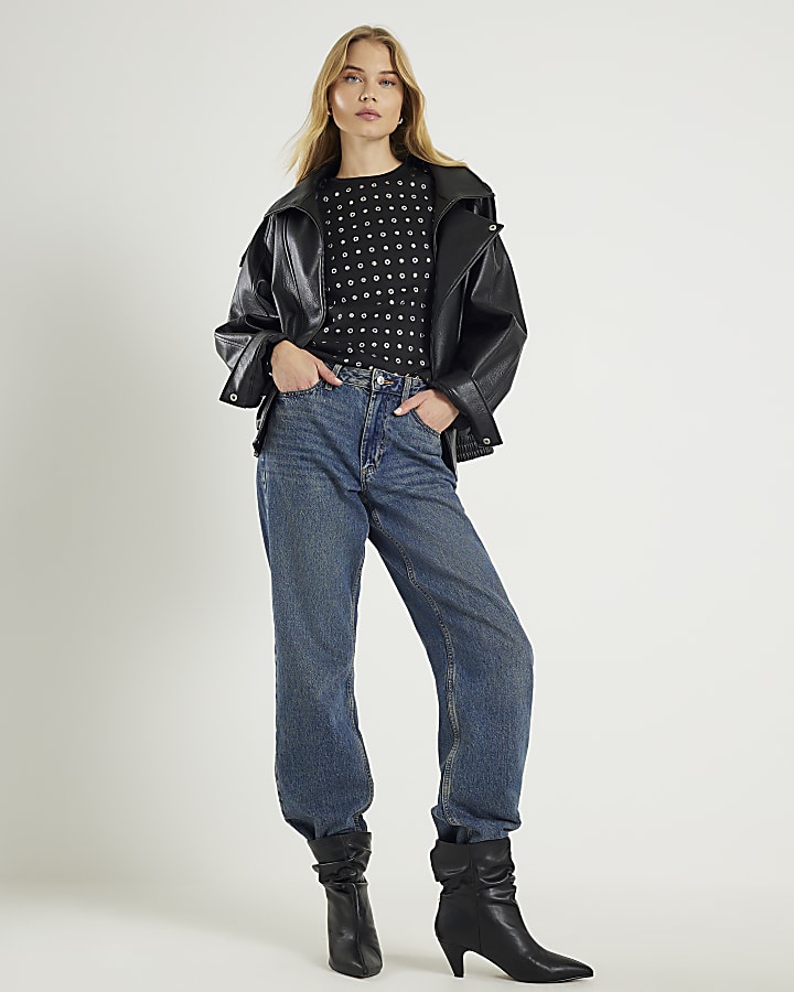 Black Knit Long Sleeve Studded Top
