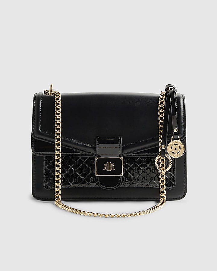 Black Tab Front Chain Shoulder Bag