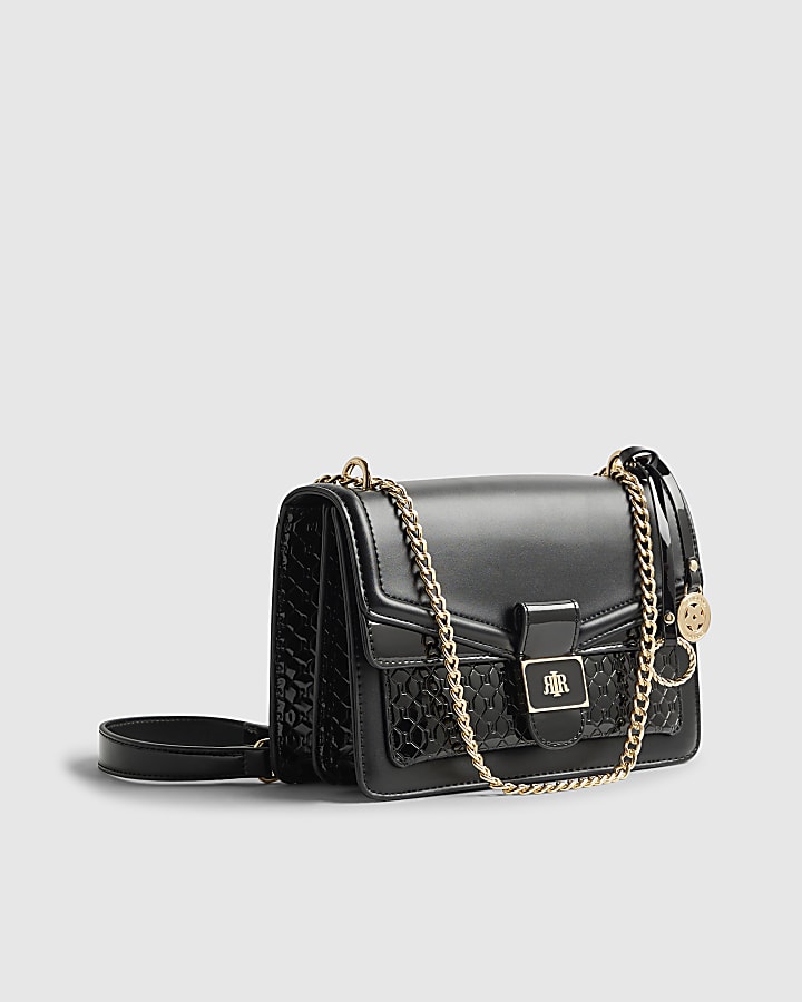 Black Tab Front Chain Shoulder Bag