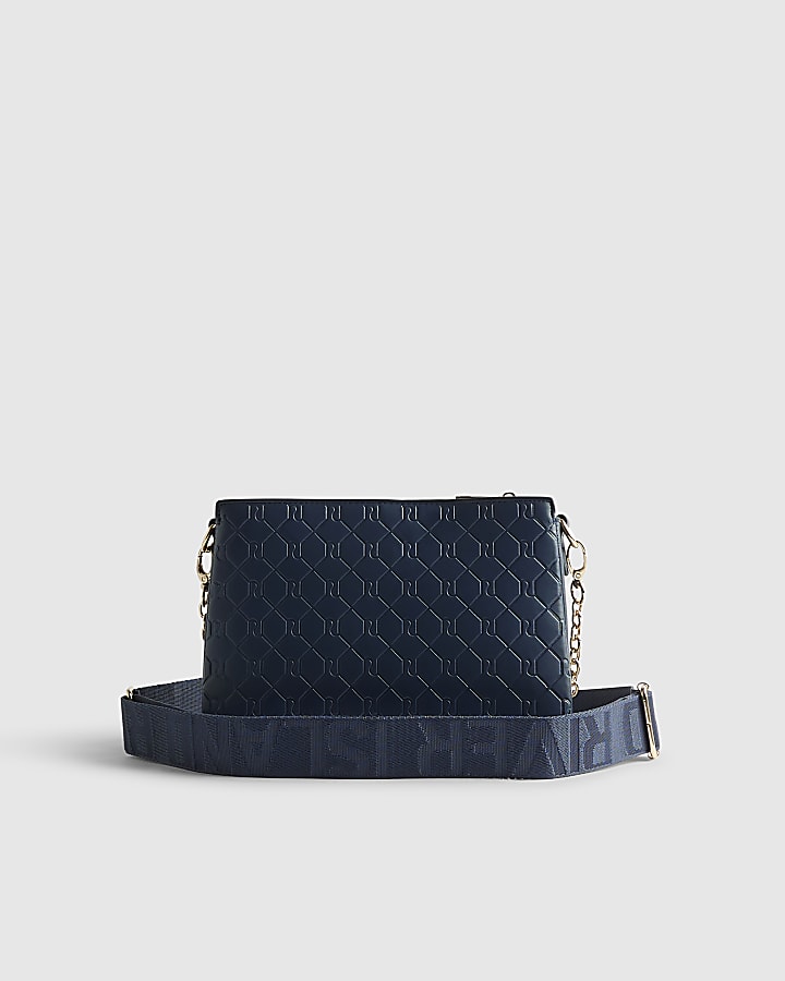 Navy Embossed Chain Front Cross Body Bag