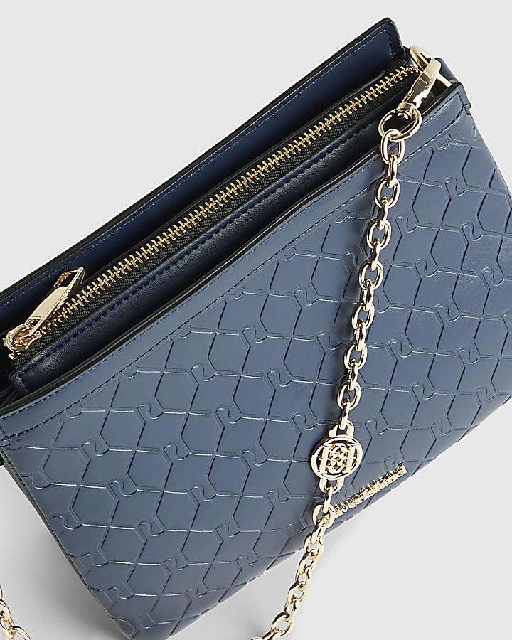 Navy Embossed Chain Front Cross Body Bag