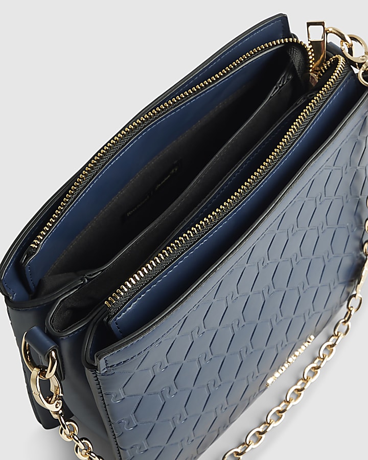 Navy Embossed Chain Front Cross Body Bag