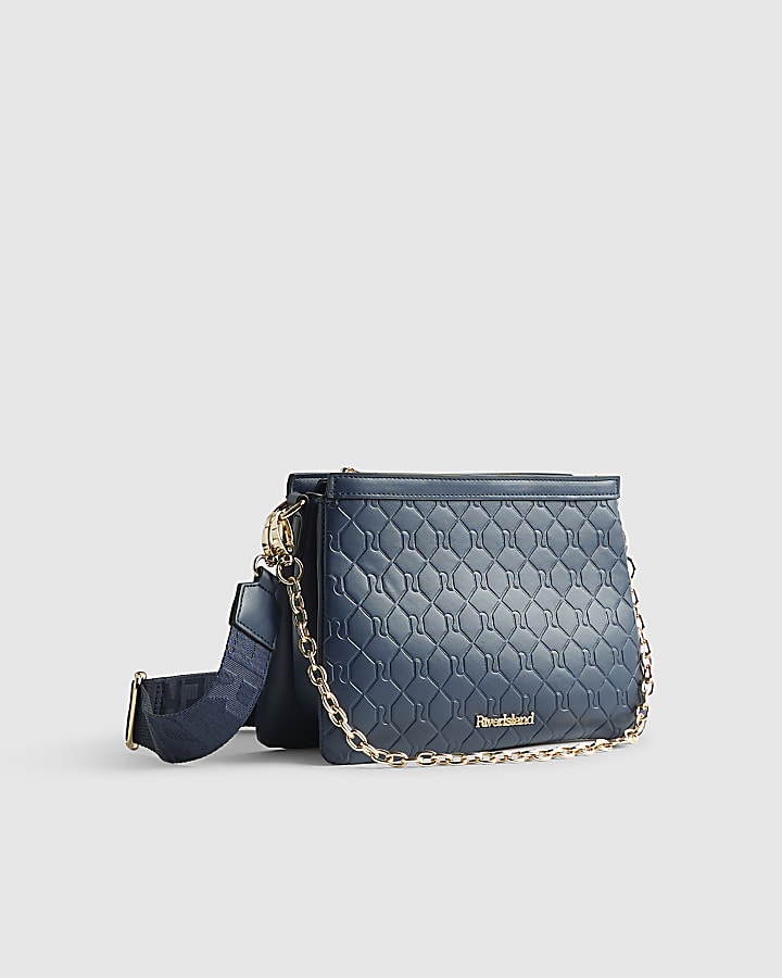 Navy Embossed Chain Front Cross Body Bag