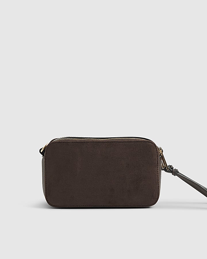 Brown Faux Suede Branded Cross Body Bag