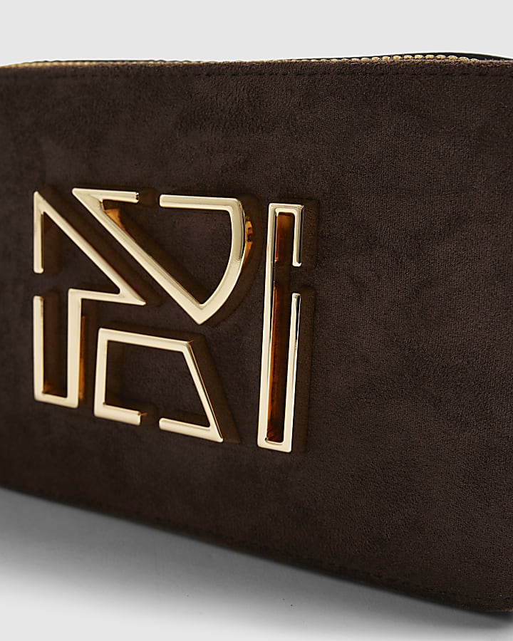 Brown Faux Suede Branded Cross Body Bag